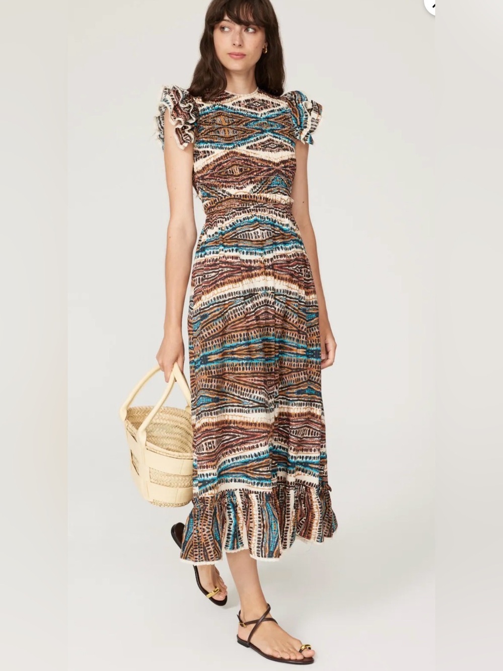 HUNTER BELL Hayward Dress Brown, Teal & Cream Smocked Ruffle Midi Dress